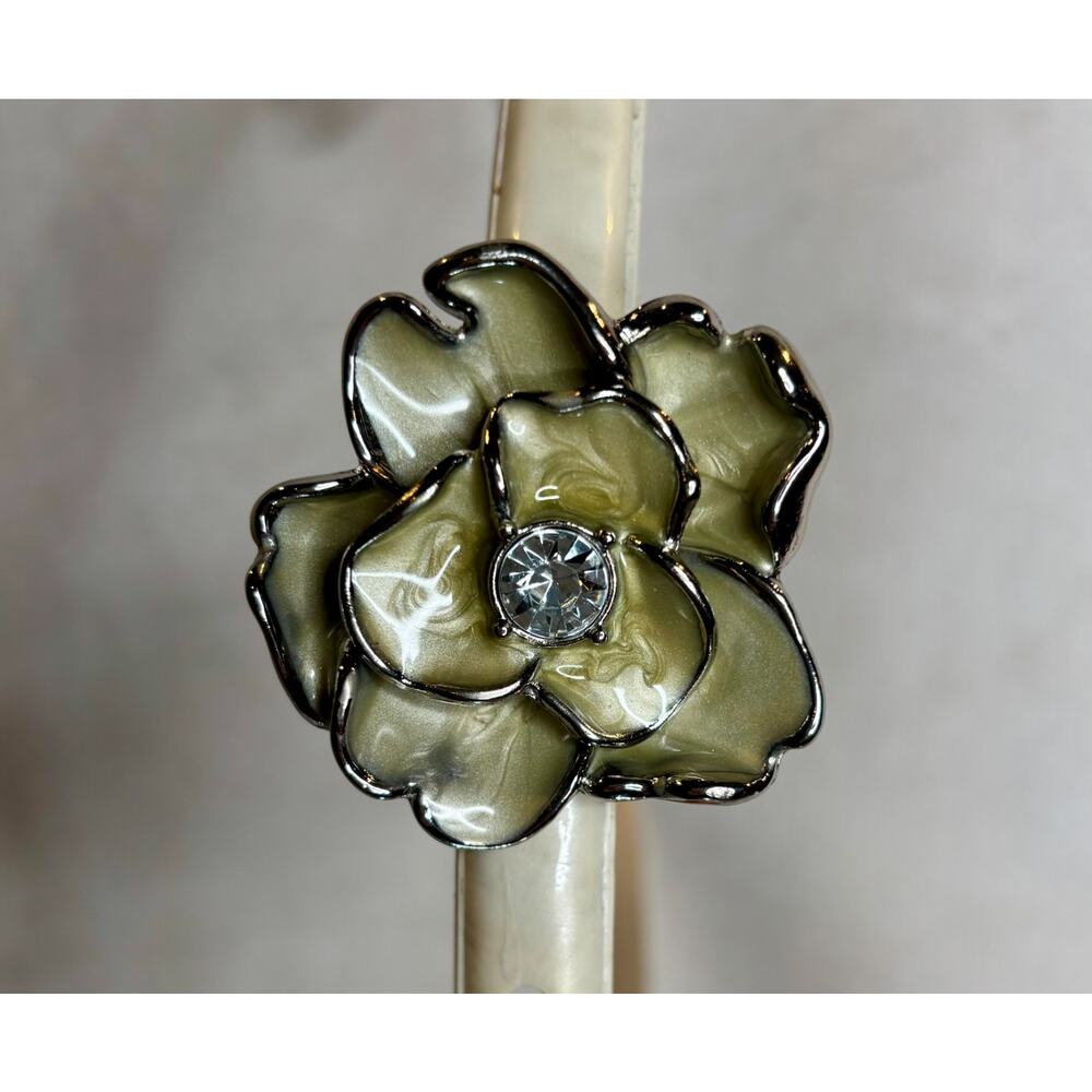 Olive Enamel Flower Belt Buckle Skinny Belt Crystal Center Boho